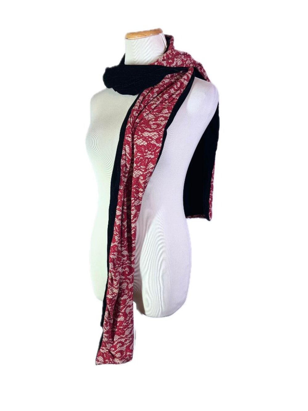 J. Jill One Size Long Scarf Lace Print Velvet Red Black